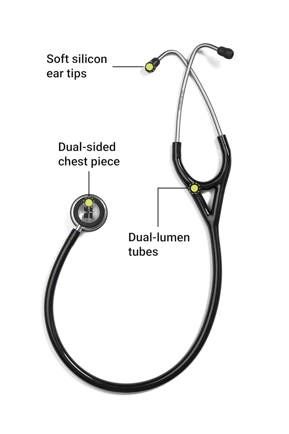 Knya 6sense Stethoscope | Dual-Lumen Tubing | Dual-Sided Chest Piece for Adult & Pediatric Use | Lightweight Stainless Steel Build | Soft-Seal Ear Tips | Made in India | Comes in a Premium Gift Box | Black - Image 3